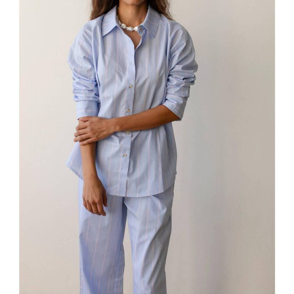 DONNI. Light Blue Striped Long Sleeve Button-Up Shirt - Picture 1 of 3